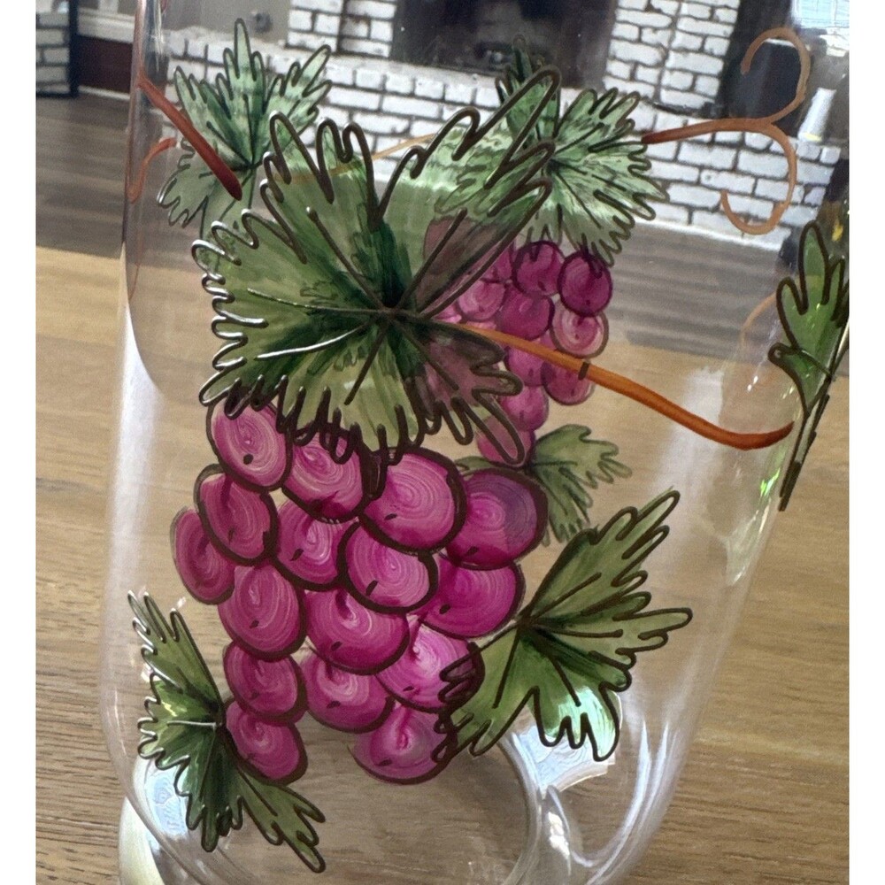Art Glass Hurricane Vase Hand Painted Grapes Leaves Gold Accents Boho/Farmhouse